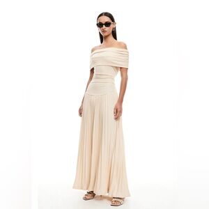 Lioness Field Of Dreams Maxi knit ruched drop waist pleated maxi dress - Oatmeal